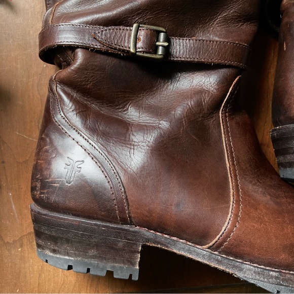 *Defect* Frye 9M Dorado Lug Riding Boots Brown w/ Rabbit Fur - Picture 4 of 15